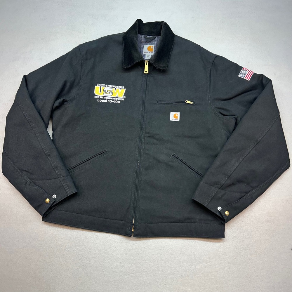 Carhartt J001 BLK Detroit Jacket Black Blanket Lined USW Steelworkers USA L Tall